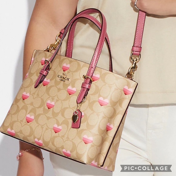 NWT COACH MOLLIE TOTE 25 IN SIGNATURE CANVAS STRIPE HEART PRINT GOLD/LIGHT KHAKI - Picture 5 of 12